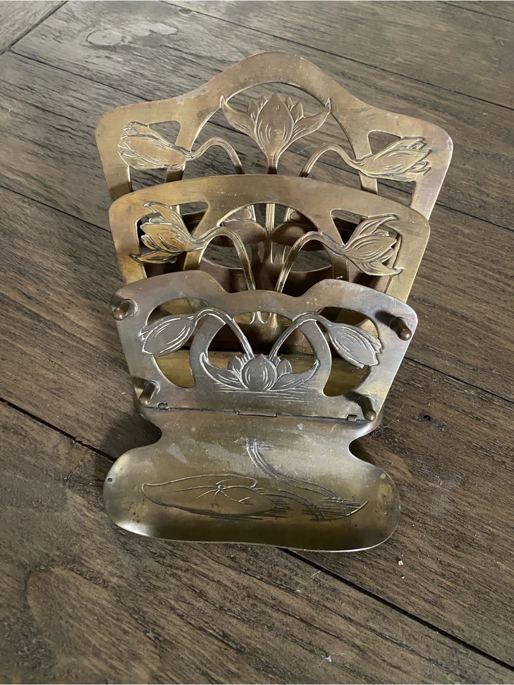 Antique German Art Nouveau Brass Letter Rack Mail Holder Water Lily DRGM Stamped